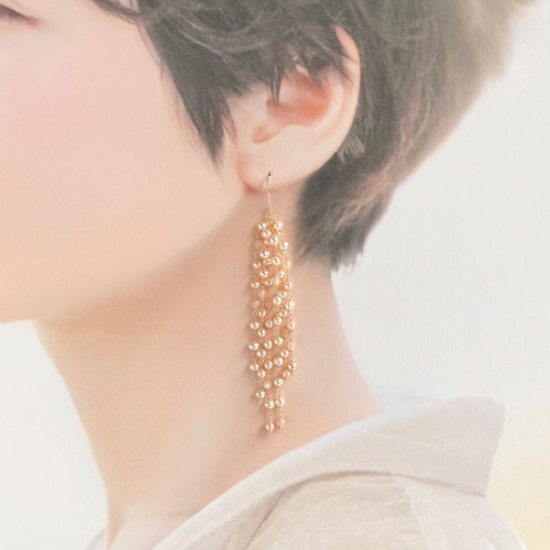 淡水パールとピーチムーンストーンのシャワーピアス 14kgf 6月誕生石 