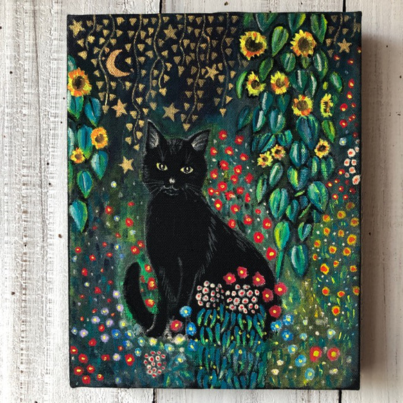 クリムトの庭の黒猫」F0サイズ アート作品 原画 猫 徳島洋子作品