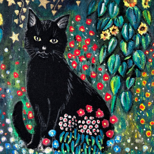 クリムトの庭の黒猫」F0サイズ アート作品 原画 猫 徳島洋子作品 クリムトの庭の黒猫」F0サイズ アート作品 原画 猫 徳島洋子作品