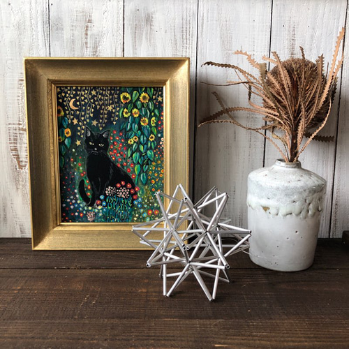 クリムトの庭の黒猫」F0サイズ アート作品 原画 猫 徳島洋子作品