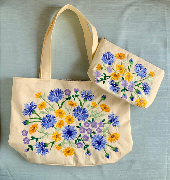 母の日ギフト 矢車草刺繍のトートバッグ&ポーチ トートバッグ AZmama