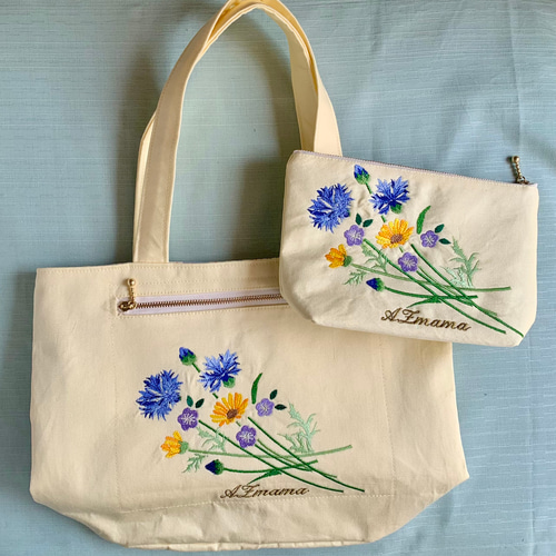 母の日ギフト 矢車草刺繍のトートバッグ&ポーチ トートバッグ AZmama