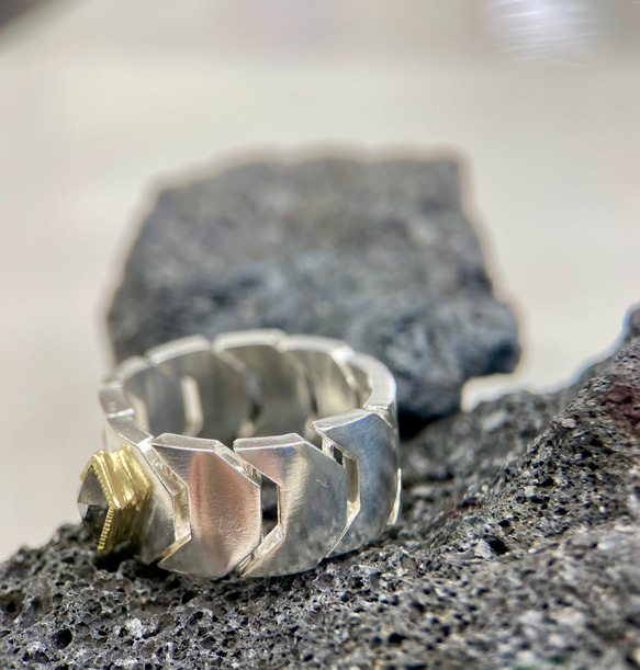 ローズカットダイヤK18/silverリング(送料無料)指になじむシルバーチェーン型リング 4枚目の画像