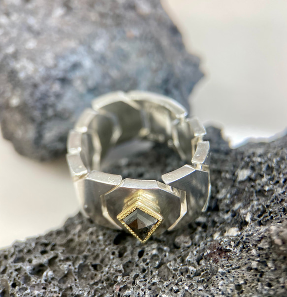 ローズカットダイヤK18/silverリング(送料無料)指になじむシルバーチェーン型リング 8枚目の画像
