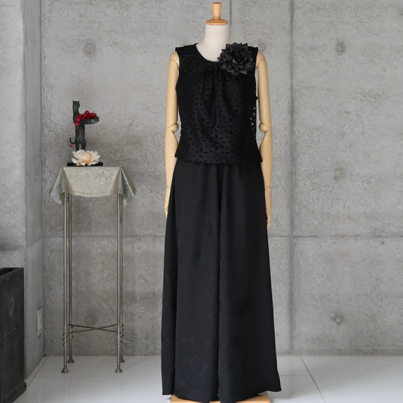 ロングスカート風のマキシパンツ　 フリーサイズ   ブラック　着物リメイク 1枚目の画像
