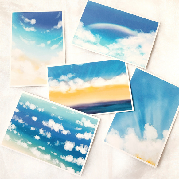 青空　5枚セット　ポストカード　はがき　イラスト　デザイン　かわいい　自然　雲　空　文房具　 3枚目の画像