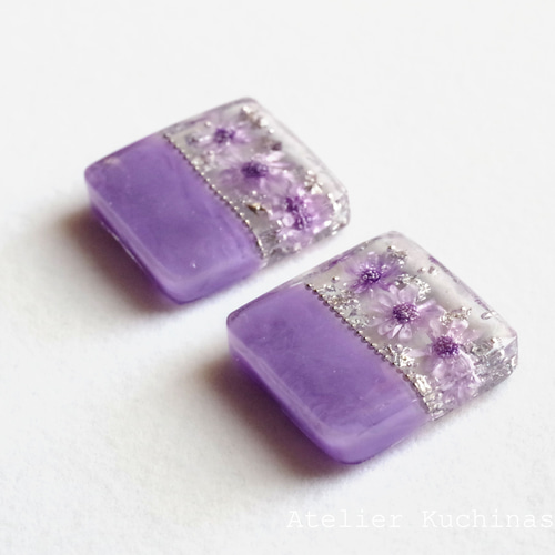 ≪315 パープル≫レジンピアス 350円 レジンアート バイカラーのお花のピアス〈紫〉（シルバー） ピアス