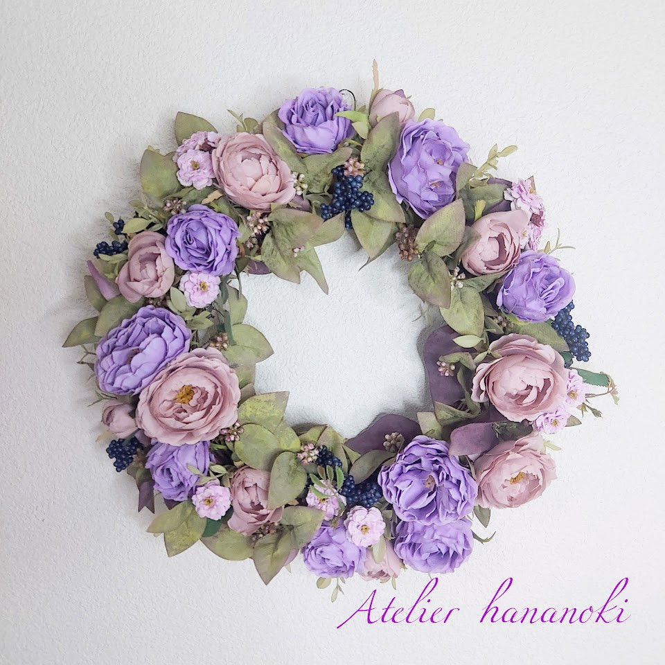 【Creema限定】ローズのリース　パープルとモーブピンクのローズ　３３㎝ 10,125円