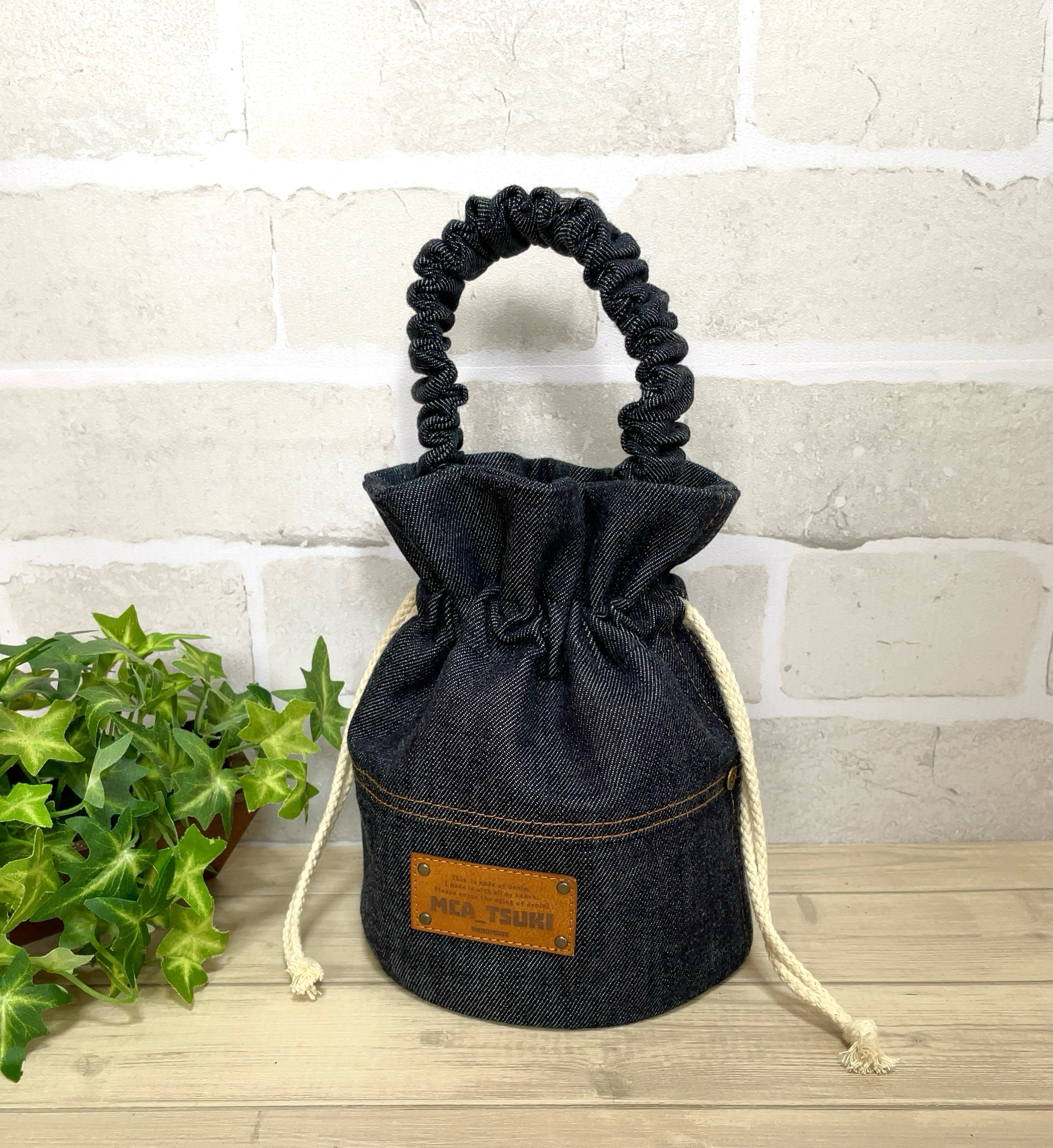 10ｵﾝｽデニム】ギャザーワンハンドル巾着トートBag（ｲﾝﾃﾞｨｺﾞ