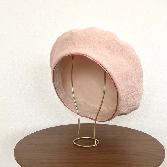 春夏レディース サテンラインがおしゃれな綿麻ベレー帽（ピンク