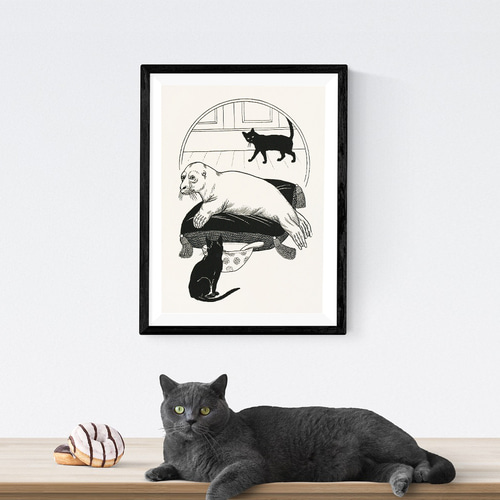 NO.560】アザラシと黒猫のモノクロアートポスター☆個性的メルヘン