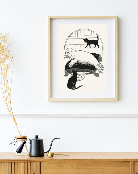 【NO.560】アザラシと黒猫のモノクロアートポスター☆個性的メルヘンモノトーン子供部屋★ハガキ2L版A5A4A3A2 6枚目の画像