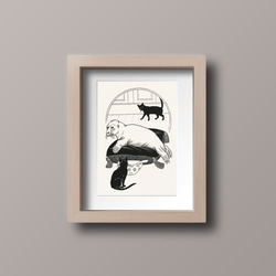 【NO.560】アザラシと黒猫のモノクロアートポスター☆個性的メルヘンモノトーン子供部屋★ハガキ2L版A5A4A3A2 5枚目の画像