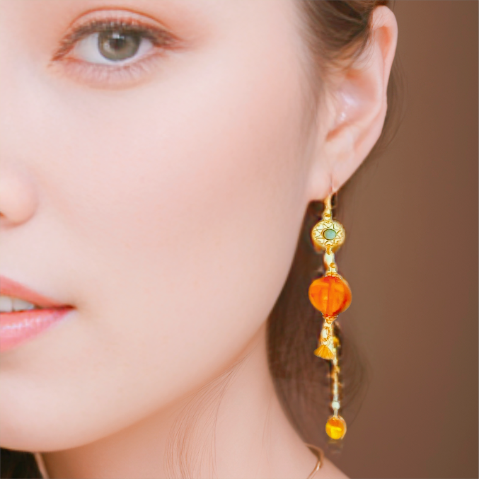 50％OFF NewOpen タッセルピアス フックイヤリング 天然石 琥珀 アンバー　おしゃれ