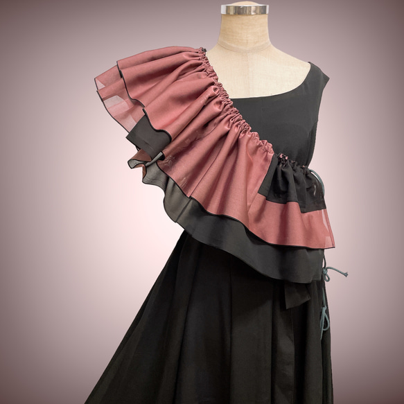 斜めがけフリル 黒ピンク 付け衿 紗 帯飾り 重ね衿 サッシュ 付けフリル ペプラム飾り 成人式 和装 洋装 J6301 9枚目の画像