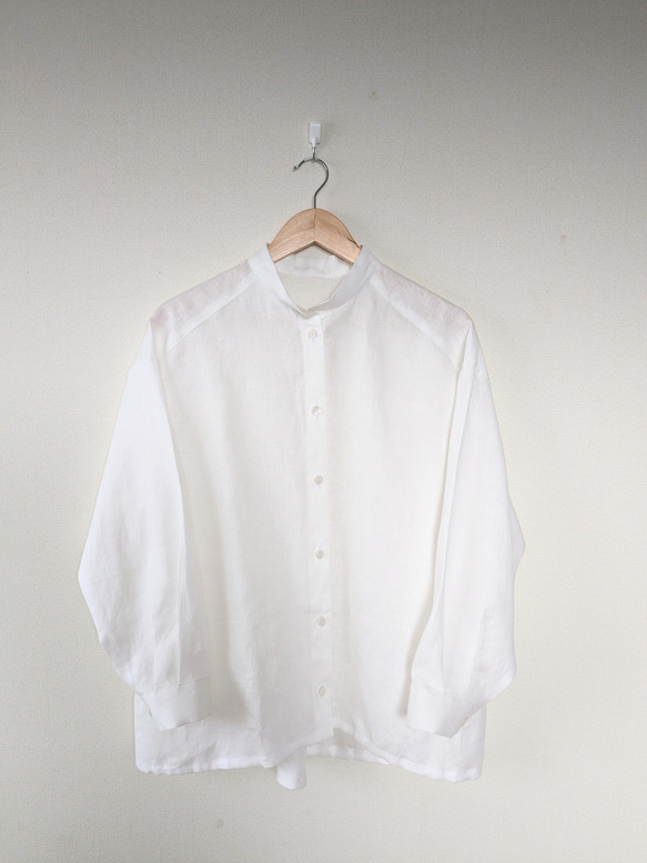 【新色】スタンドカラー　リネンシャツ(やや薄)　ホワイ　シンプル　春夏　麻　1枚でキマる 8枚目の画像