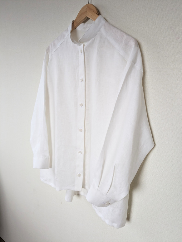 【新色】スタンドカラー　リネンシャツ(やや薄)　ホワイ　シンプル　春夏　麻　1枚でキマる 10枚目の画像