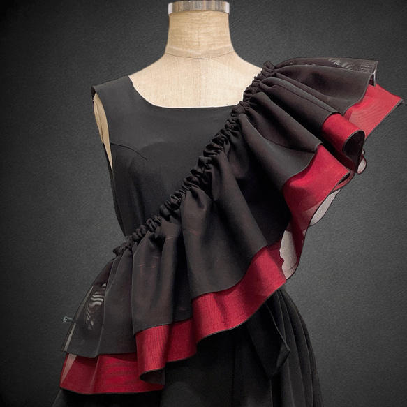 斜めがけフリル 黒赤 付け衿 紗 帯飾り 重ね衿 サッシュ 付けフリル ペプラム飾り 成人式 和装 洋装 J6309 4枚目の画像