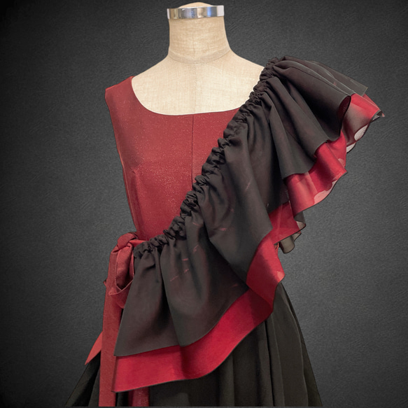 斜めがけフリル 黒赤 付け衿 紗 帯飾り 重ね衿 サッシュ 付けフリル ペプラム飾り 成人式 和装 洋装 J6309 8枚目の画像