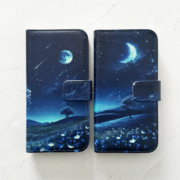 スマホケース 月が輝くネモフィラ畑の幻想世界 手帳型スマホケース iPhoneケース 全