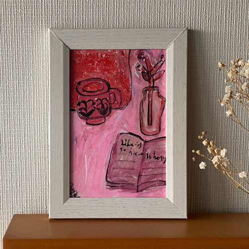 額装済み原画〉ピンクの花々／アクリル画手描きインテリアアート