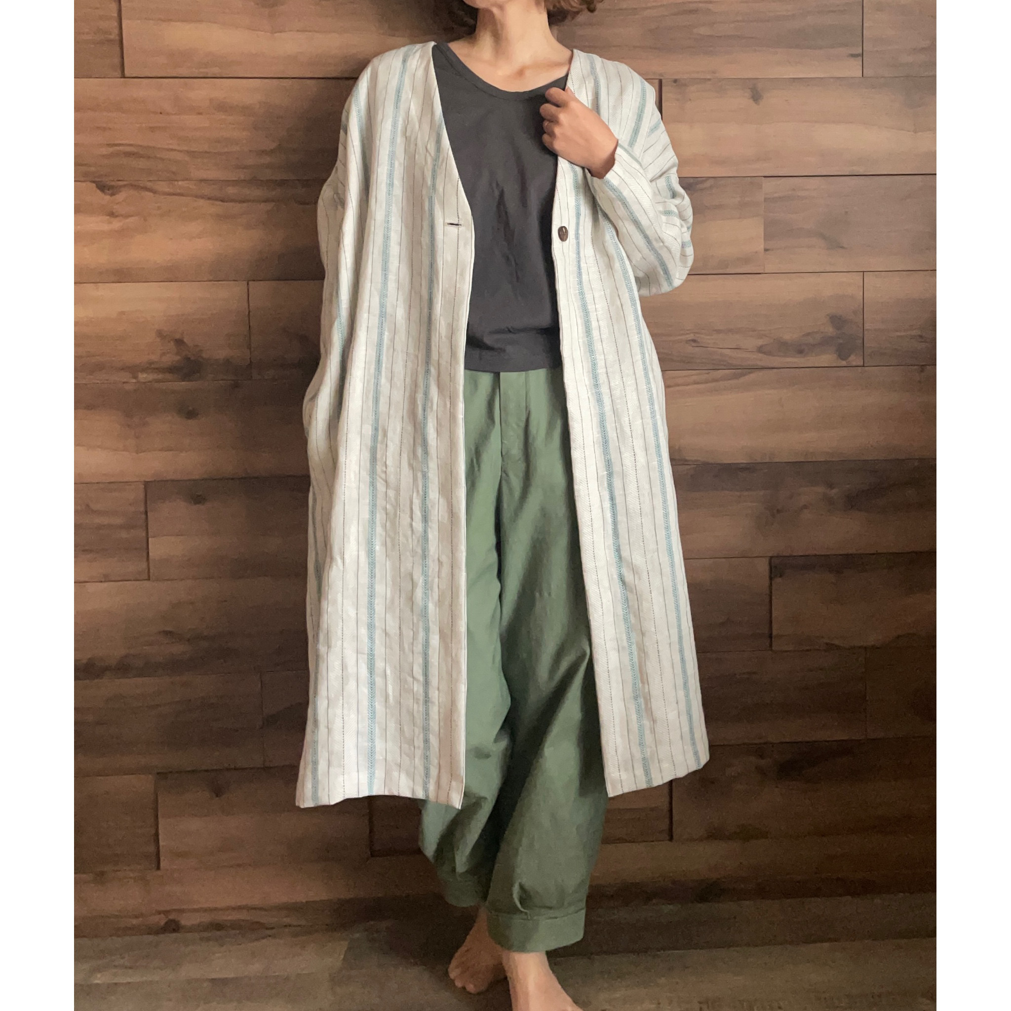 【ストライプ柄リネン】ロングライトコート/カーディガン/スプリングコート