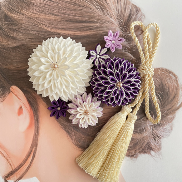 つまみ細工　髪飾り　成人式　結婚式　Ｕピン　ヘア飾り　正絹　紫 2枚目の画像