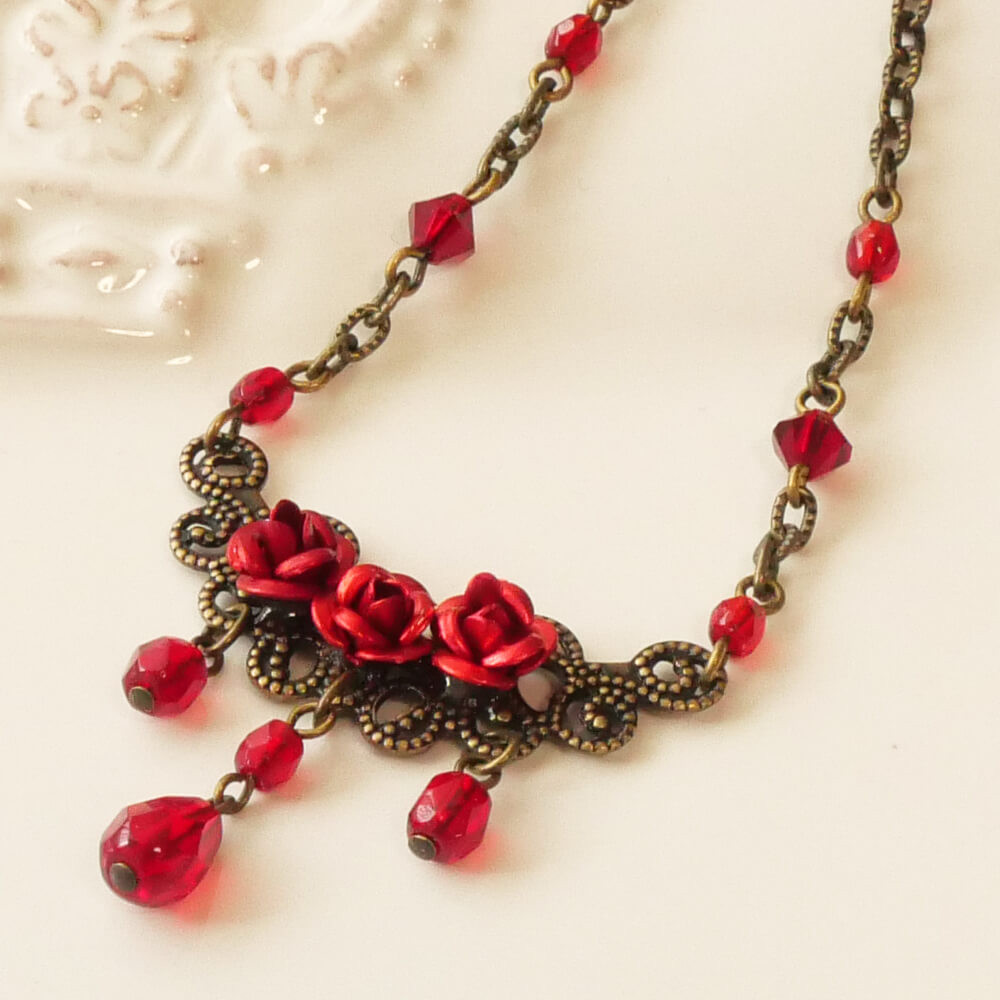 【ローラローズ】カーネリアンレッドビーズペンダントネックレス