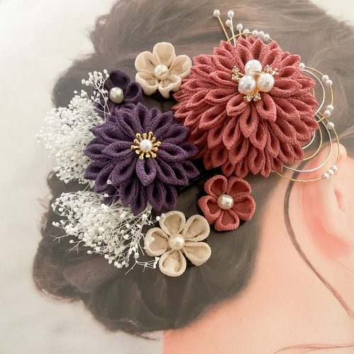 つまみ細工髪飾り 成人式 結婚式 水引 ピンク紫 かすみ草 9点セット