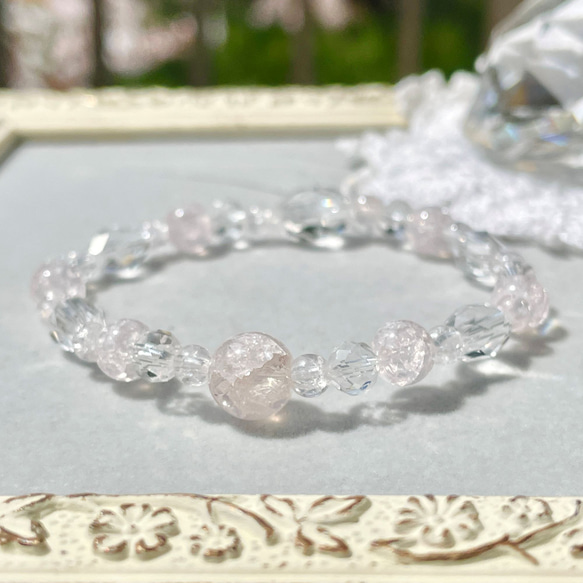 天然石♡クラック水晶＆キャッツアイのピンクパール3連ブレスレット 醒める 