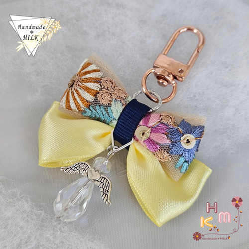 ふんわり推しカラー☆エンジェル☆キーホルダー インド刺繡リボン 無地 