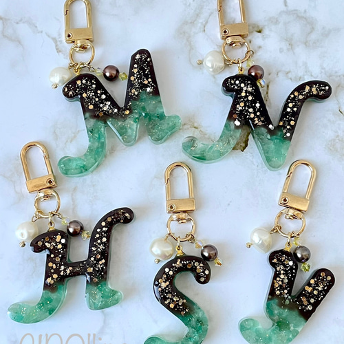 緑色マーブルボールペン 本体 キーホルダー イニシャル変更可 樹脂