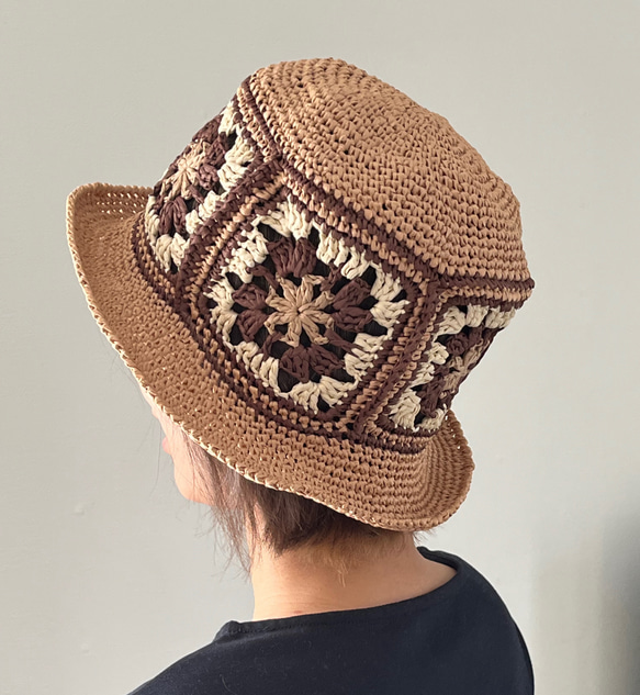 夏の帽子　モチーフ編みつなぎのカンカン帽　母の日 1枚目の画像