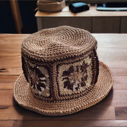 夏の帽子　モチーフ編みつなぎのカンカン帽　母の日 2枚目の画像