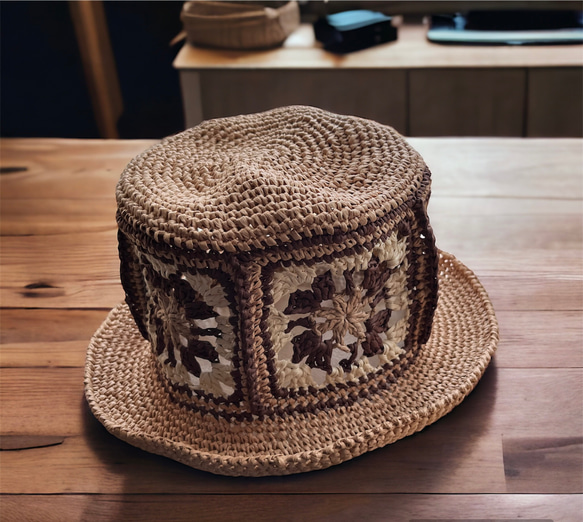 夏の帽子　モチーフ編みつなぎのカンカン帽　母の日 2枚目の画像