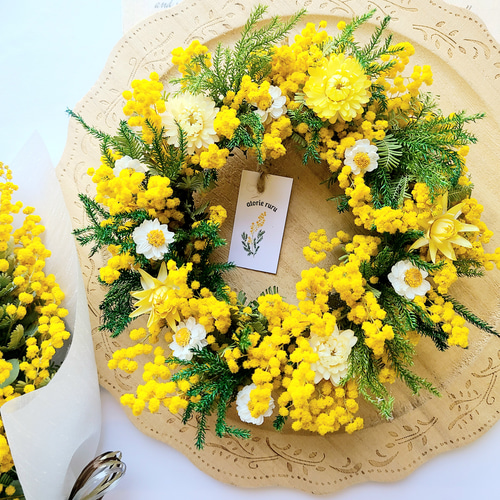 ミモザリース◇ナチュラル◇花束リース リース ミモザ 完成品 ミモザリース 春リース 玄関リース お洒落