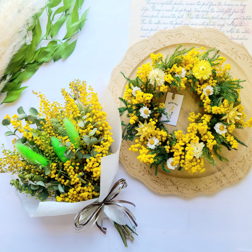 2set! 母の日ギフト 08 ミモザのナチュラルリース&ブーケ