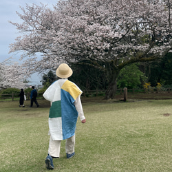 送料無料 藍染+草木染め ポップなリネンパッチワークポンチョタイプワンピース　フレンチリネン使用 11枚目の画像