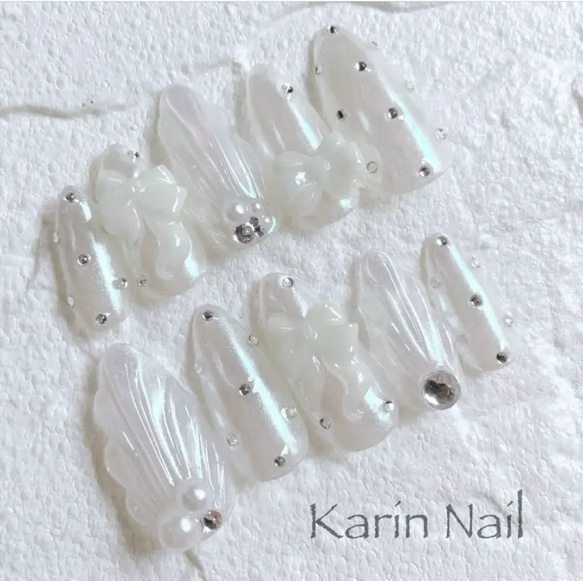 マーメイドネイル ぷっくり 貝殻 ワンカラー リボン ガーリー オーロラ  