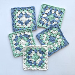 レトロな編み物のコースター5枚セット「ブルーグリーン」 1枚目の画像