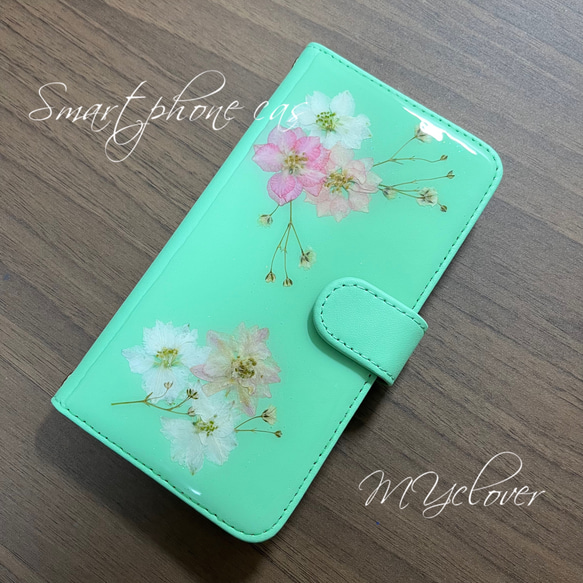 ＊本物のお花＊　＊千鳥草＊かすみ草＊　【多機種対応】スマホケース　手帳型　モスグリーン　 3枚目の画像