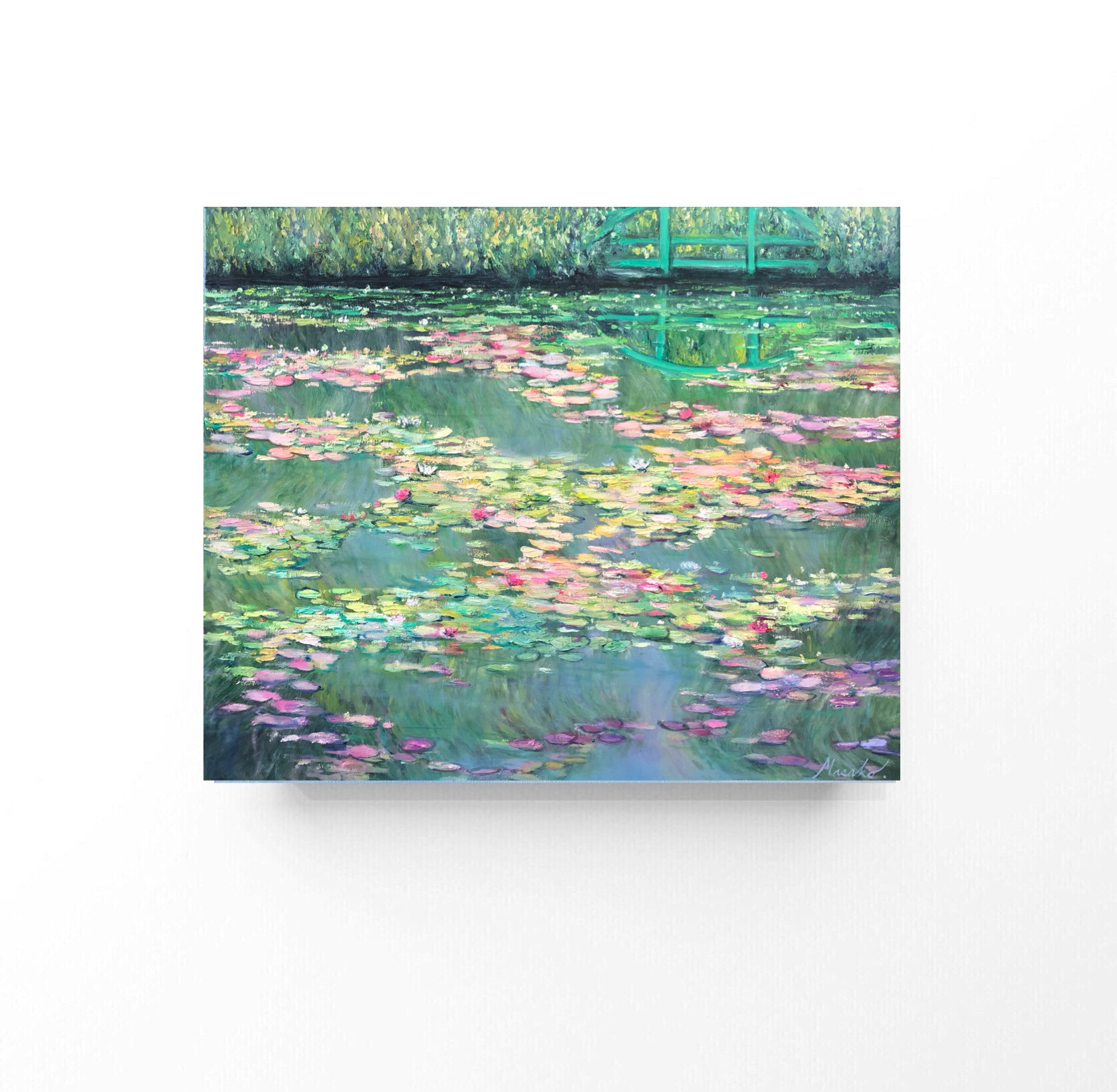 真夏の蓮」 手描き 油絵 風景画 原画 （蓮の春と夏の蓮の池の
