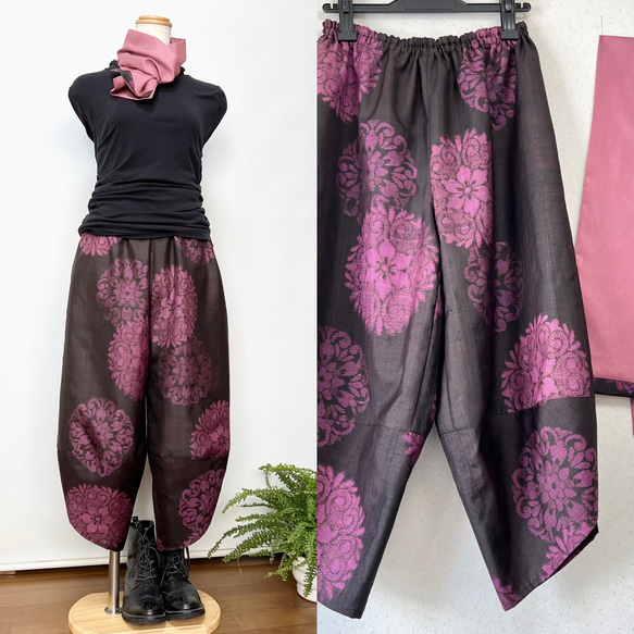 ワンピなど最旬ア！ 時代大島＊花紋サルエルパンツ＋ストール＊裏地付き＊着物 パンツ
