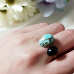 天然石フォークリング　コッパーアマゾナイト　オニキス　フリーサイズ　ブルーグリーンリング　指輪　母の日ギフト 2枚目の画像