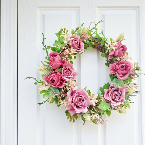 バラとグリーンいっぱいのフラワーリース/アーティフィシャルフラワー