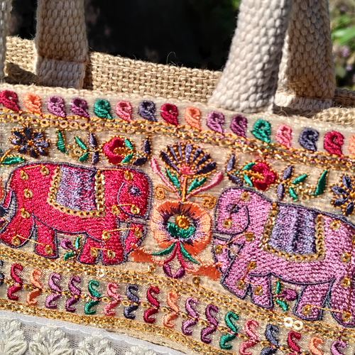 ☆唯一無二☆ インド刺繍リボン全面 ジュートバッグ 小size