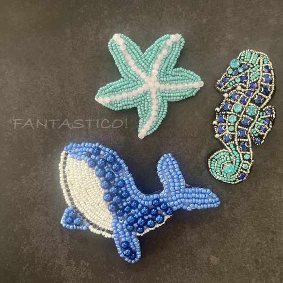 お得な3個セット❤️海の生き物ビーズ刺繍ブローチ♪デリカビーズラインストーンクジラ鯨ヒトデタツノオトシゴスターフィッシュ 2枚目の画像