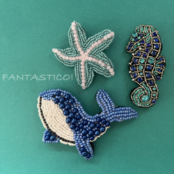 お得な3個セット❤️海の生き物ビーズ刺繍ブローチ♪デリカビーズラインストーンクジラ鯨ヒトデタツノオトシゴスターフィッシュ 1枚目の画像