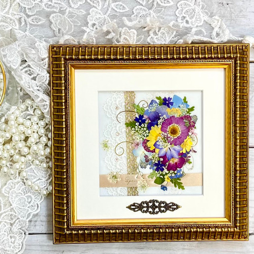 押し花　額 落ち着いたゴールドのおしゃれなミニブーケ押し花額 その他