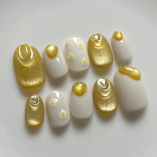 ネイルチップ イエロー 黄色 マグネット フラワー お花 ぷっくり